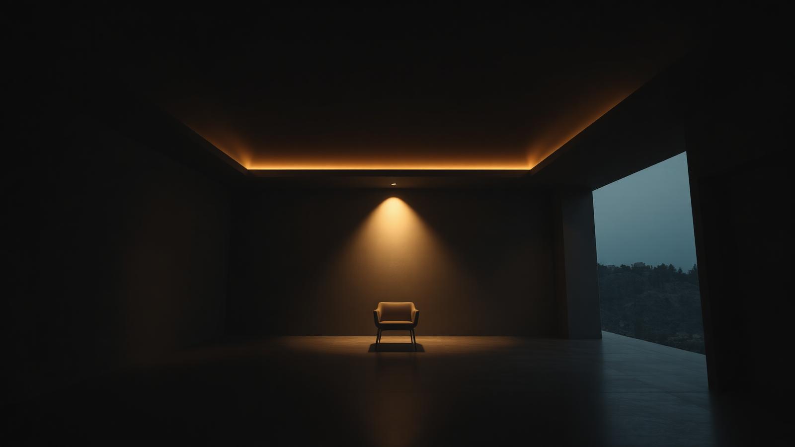 A single chair in a dimly lit room, lit by warm light
